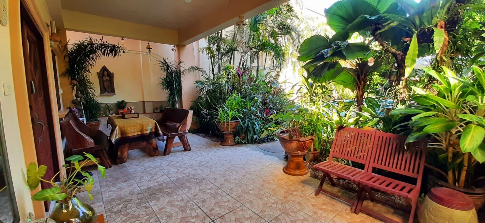 Ground floor terrace with tropical plants and seating